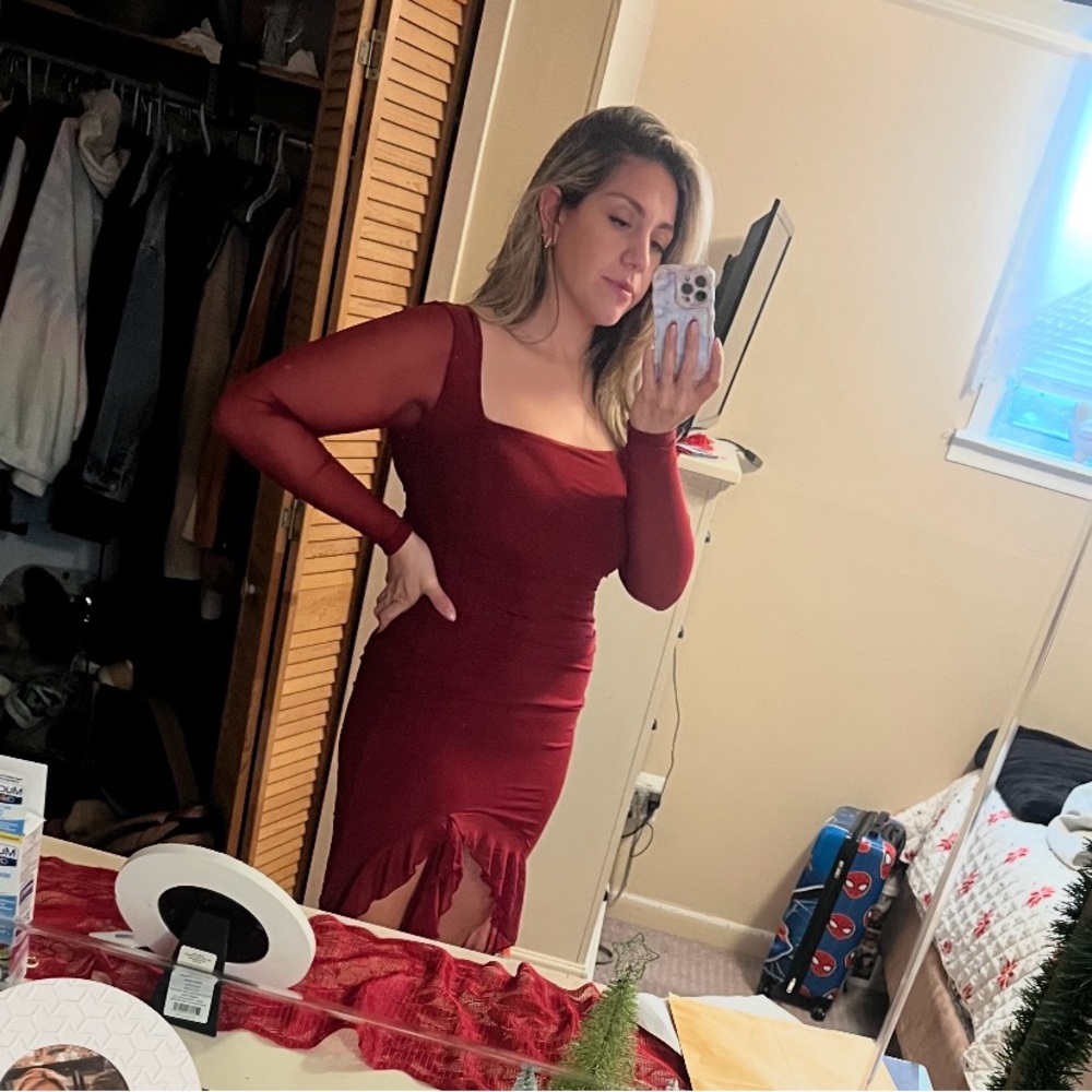 Chic Long Sleeve Burgundy Dress - Picture 3 of 3